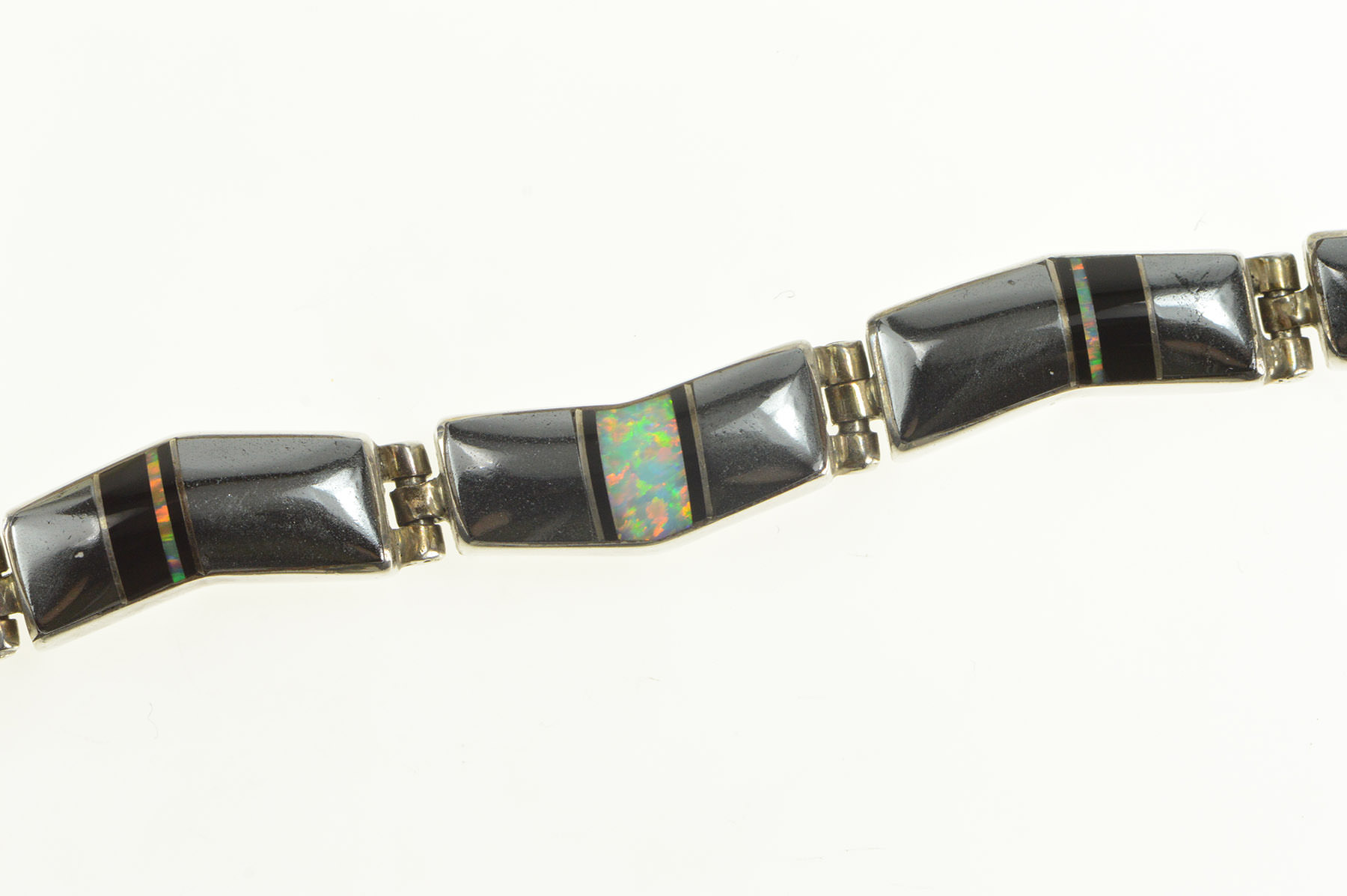 Sterling Silver S Tso Navajo Hematite Onyx Opal Zig Zag Bracelet 6.75"