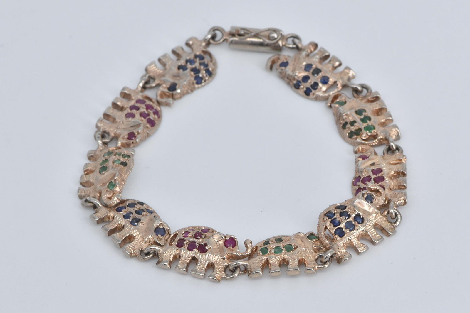 Sterling Silver Sapphire Ruby Emerald Encrusted Elephant Bracelet 7.5"