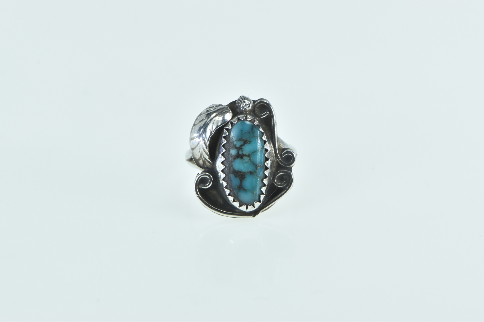 Sterling Silver Southwestern Turquoise Ornate Feather Childs Ring, Size 3.5