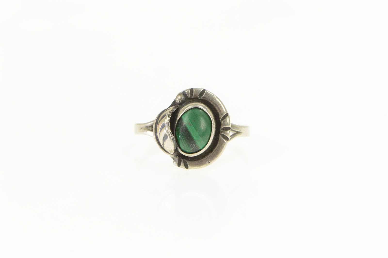 Sterling Silver Taxco Malachite Cabochon Leaf Statement Ring, Size 6.5