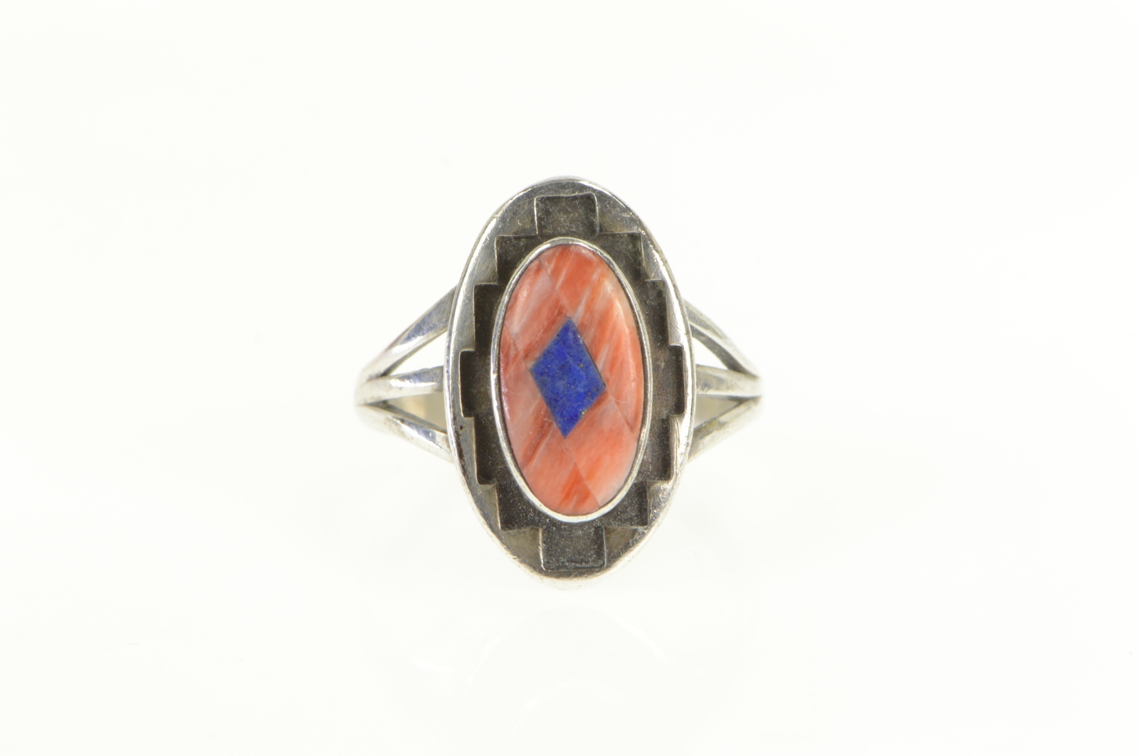 Sterling Silver Teme Coral Lapis Southwestern Geometric Ring, Size 9