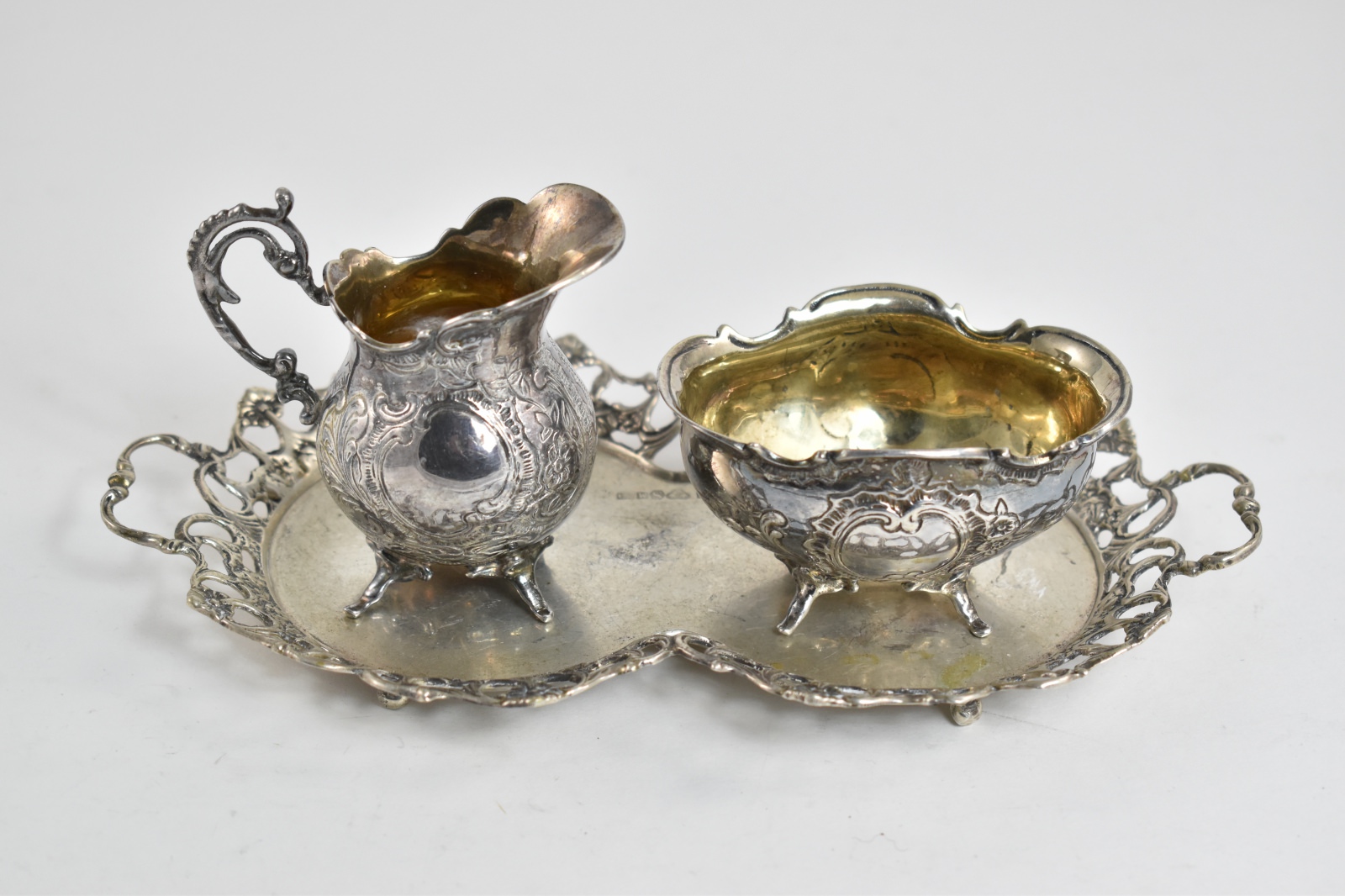 Sterling Silver Three Crowns Cream & Sugar Tray Serving Set (3 pcs.)