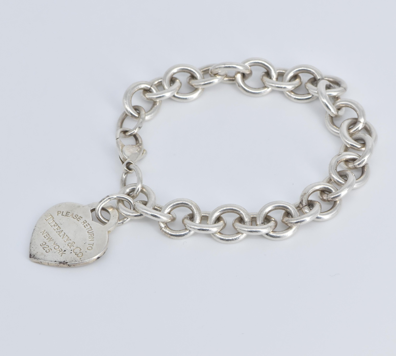 Sterling Silver Tiffany & Co Heart Charm Cable Chain Bracelet 7"