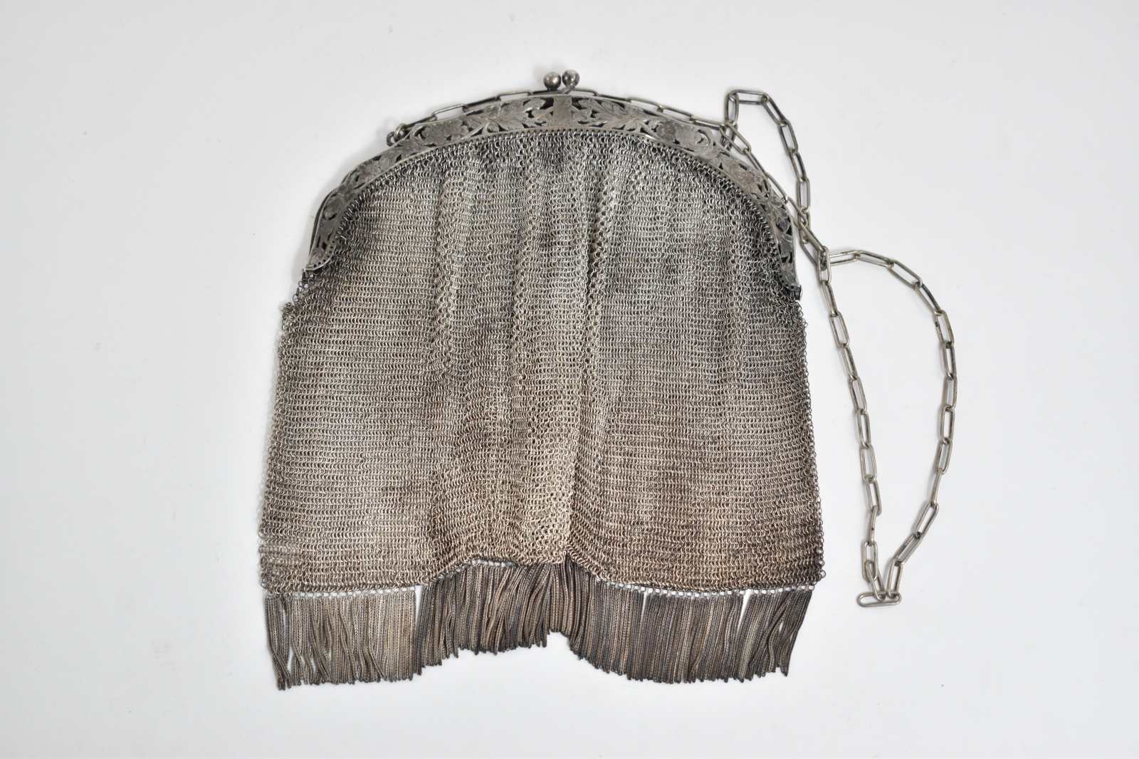 Sterling Silver Victorian Mesh Chain Fringe Tassel Purse Hand Bag