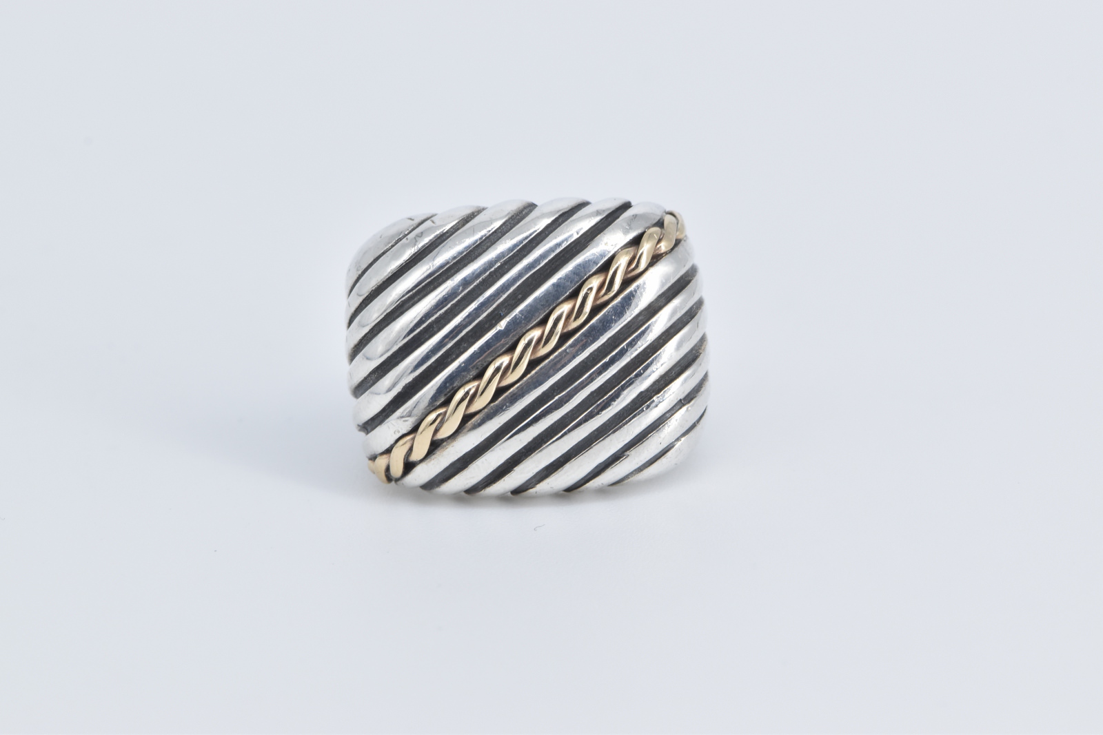 Sterling Silver Vintage 14k Gold Striped Squared Statement Ring, Size 4.25