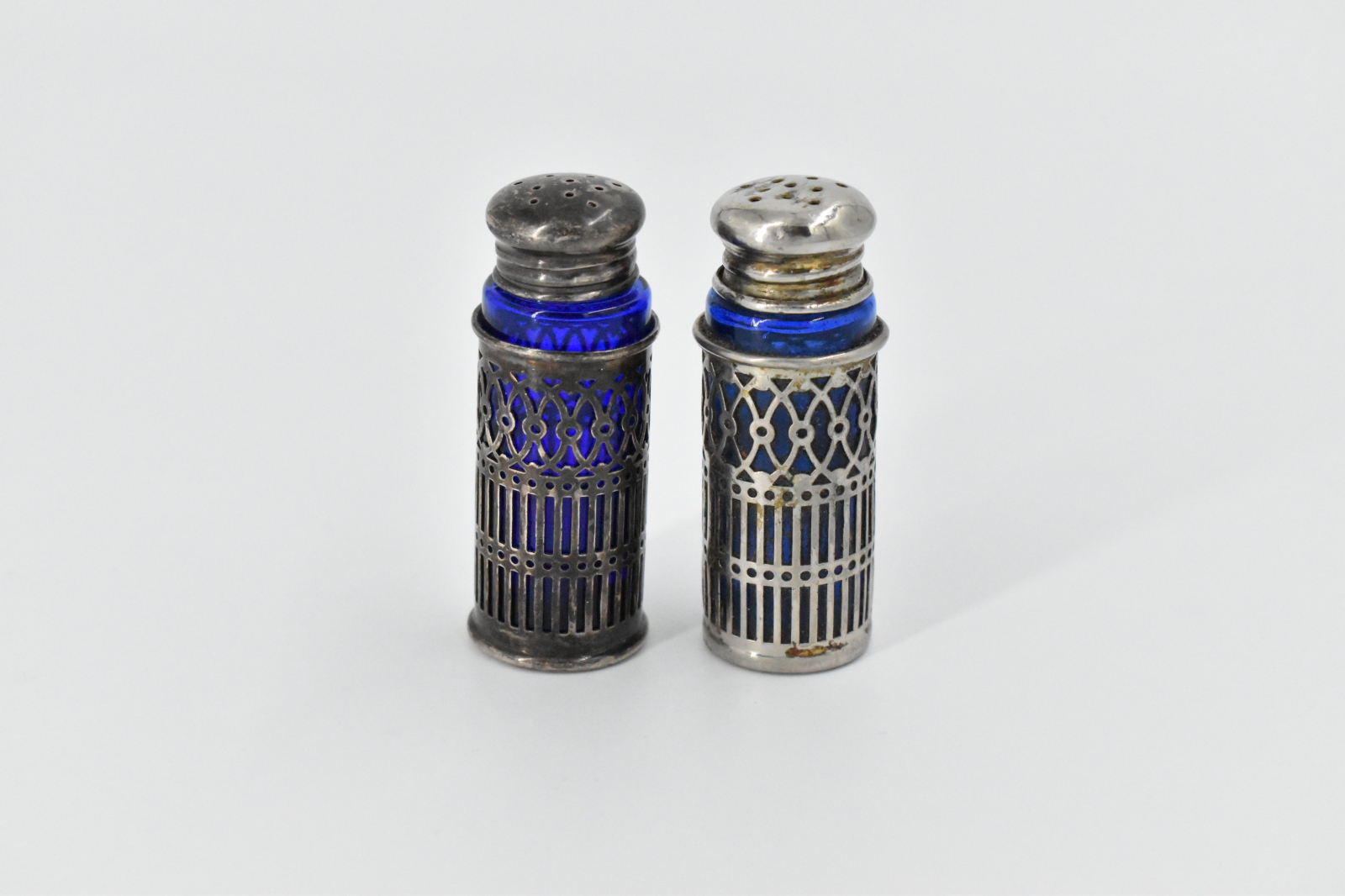 Sterling Silver Vintage Cobalt Glass Filigree Salt Pepper Shaker Set