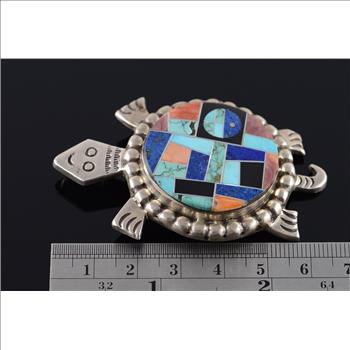 Sterling Silver Alvin Yellow Horse Turquoise Mosaic Turtle Native American  Pendant/Pin