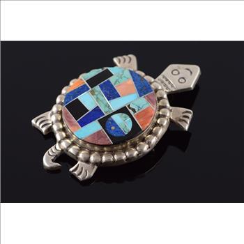 Sterling Silver Alvin Yellow Horse Turquoise Mosaic Turtle Native American  Pendant/Pin