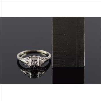 10K 0.05 CT Round Diamond Filigree Vintage Engagement White Gold Ring, Size 8