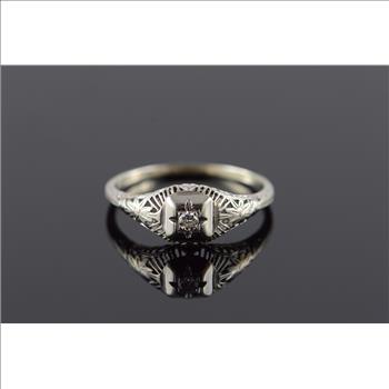 10K 0.05 CT Round Diamond Filigree Vintage Engagement White Gold Ring, Size 8
