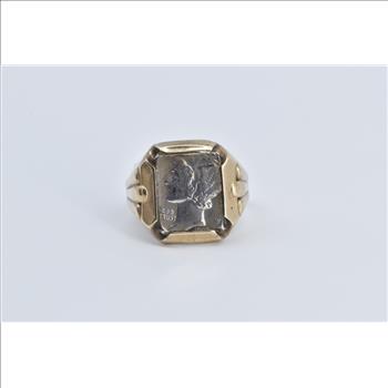 10K 0.900 Silver Mercury Dime Vintage Statement Yellow Gold Ring, Size 9.5
