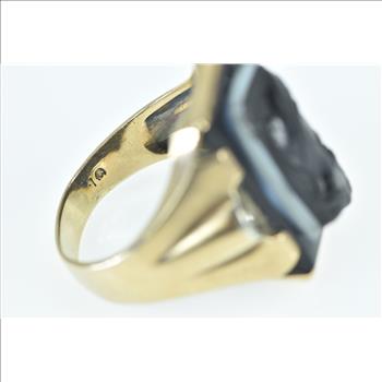 10K 1940's Black Onyx Two Face Cameo Diamond Yellow Gold Ring, Size 11.25