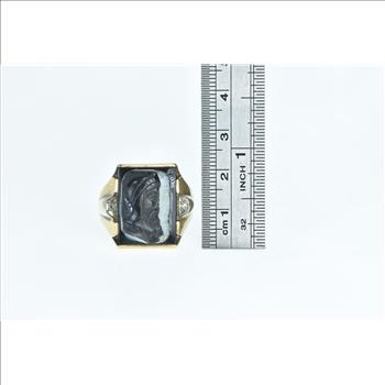 10K 1940's Black Onyx Two Face Cameo Diamond Yellow Gold Ring, Size 11.25