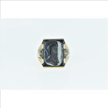 10K 1940's Black Onyx Two Face Cameo Diamond Yellow Gold Ring, Size 11.25