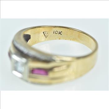 10K 1940's Diamond Syn. Ruby Wedding Band Yellow Gold Ring, Size 10.25