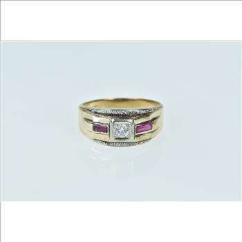 10K 1940's Diamond Syn. Ruby Wedding Band Yellow Gold Ring, Size 10.25