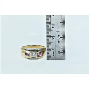 10K 1940's Diamond Syn. Ruby Wedding Band Yellow Gold Ring, Size 10.25