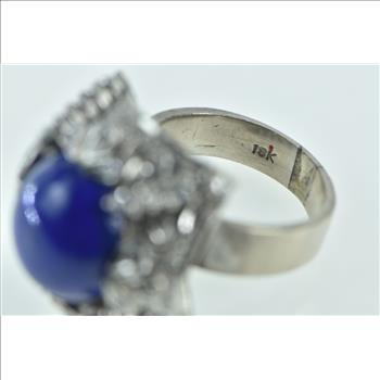 10K 1940's Lapis Lazuli Diamond Cocktail White Gold Ring, Size 5.75