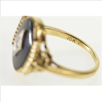 10K 1940's Ornate Black Onyx Oval Diamond Overly Yellow Gold Ring, Size 6.5
