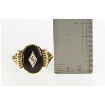 10K 1940's Ornate Black Onyx Oval Diamond Overly Yellow Gold Ring, Size 6.5