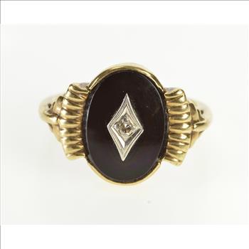 10K 1940's Ornate Black Onyx Oval Diamond Overly Yellow Gold Ring, Size 6.5