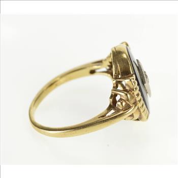 10K 1940's Ornate Black Onyx Oval Diamond Overly Yellow Gold Ring, Size 6.5