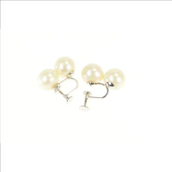 10K 1950's Two Pearl Ornate Screw Back White Gold Earrings