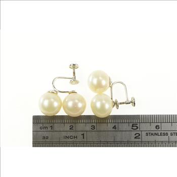 10K 1950's Two Pearl Ornate Screw Back White Gold Earrings