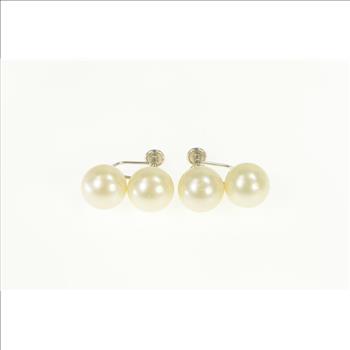 10K 1950's Two Pearl Ornate Screw Back White Gold Earrings