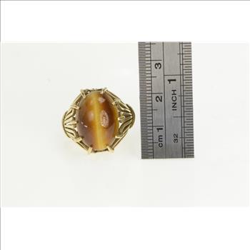 10K 1960's Oval Tiger's Eye Retro Vintage Yellow Gold Ring, Size 5.75