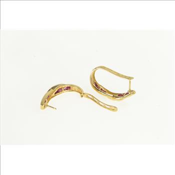 10K 2.20 Ctw Natural Ruby Diamond Oval Hoop Yellow Gold Earrings