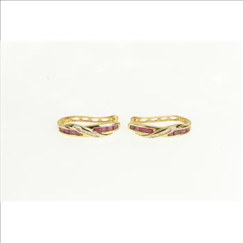 10K 2.20 Ctw Natural Ruby Diamond Oval Hoop Yellow Gold Earrings