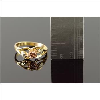 10K 2.5g Black Hills Tri Color Rose Flower Yellow Gold Ring, Size 7.5