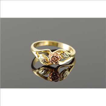 10K 2.5g Black Hills Tri Color Rose Flower Yellow Gold Ring, Size 7.5