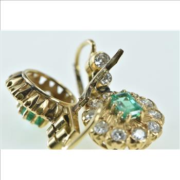 10K 2.98 Ctw Emerald Diamond Halo Dangle Yellow Gold Earrings