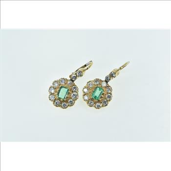 10K 2.98 Ctw Emerald Diamond Halo Dangle Yellow Gold Earrings
