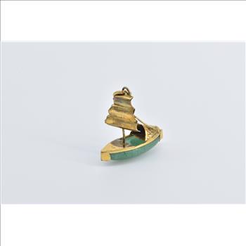 10K 3D Chinese Junk Ship Jade Sail Boat Yellow Gold Charm/Pendant