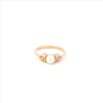 10K 5.0mm Vintage Pearl Diamond Heart Accent Yellow Gold Ring, Size 6