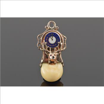 10K 5.4g Tooth Elk Lodge Clock Enamel Deer Yellow Gold Pendant