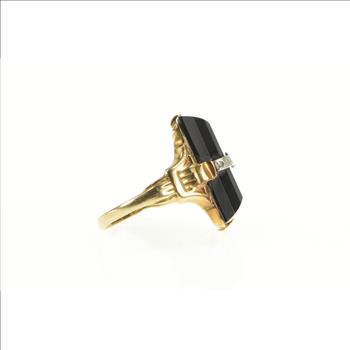 10K Art Deco Black Onyx Diamond Ornate Statement Yellow Gold Ring, Size 5.25