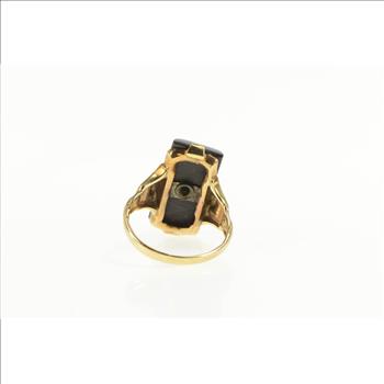 10K Art Deco Black Onyx Diamond Ornate Statement Yellow Gold Ring, Size 5.25