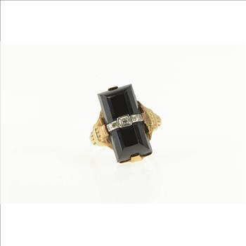 10K Art Deco Black Onyx Diamond Ornate Statement Yellow Gold Ring, Size 5.25