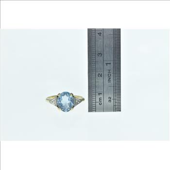 10K Art Deco Blue Topaz Diamond Statement Yellow Gold Ring, Size 6.75