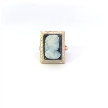 10K Art Deco Carved Black Onyx Cameo Squared White Gold Ring, Size 2.25