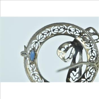 10K Art Deco Filigree Bow Wreath Syn. Sapphire White Gold Pin/Brooch