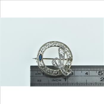 10K Art Deco Filigree Bow Wreath Syn. Sapphire White Gold Pin/Brooch