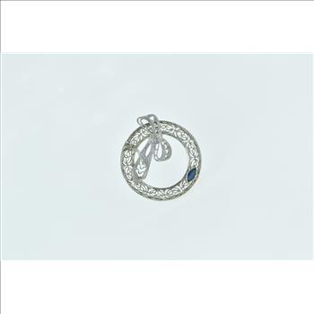 10K Art Deco Filigree Bow Wreath Syn. Sapphire White Gold Pin/Brooch