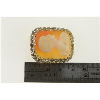 10K Art Deco Filigree Carved Shell Cameo White Gold Pin/Brooch