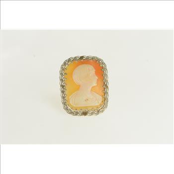 10K Art Deco Filigree Carved Shell Cameo White Gold Pin/Brooch