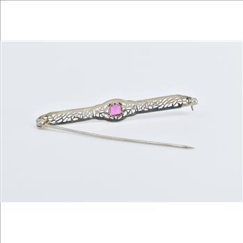 10K Art Deco Filigree Sim. Pink Sapphire Bar White Gold Pin/Brooch